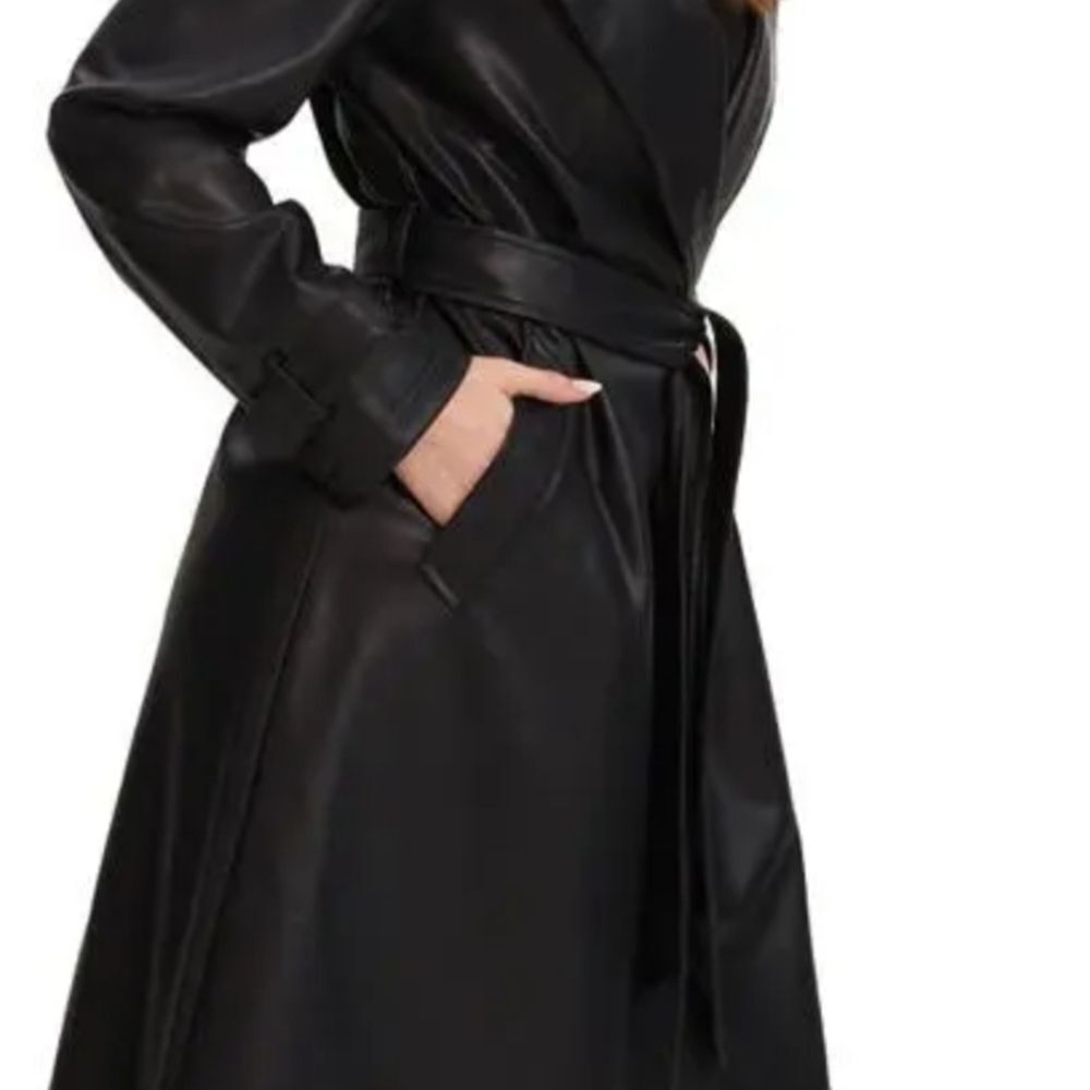 Noize Women's Elegant Black Faux Leather Trench Coat